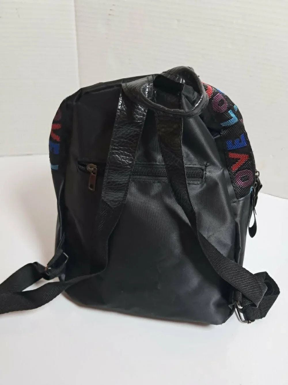 Black Mini Backpack LOVE Colorful Ribbon Oxford Fabric